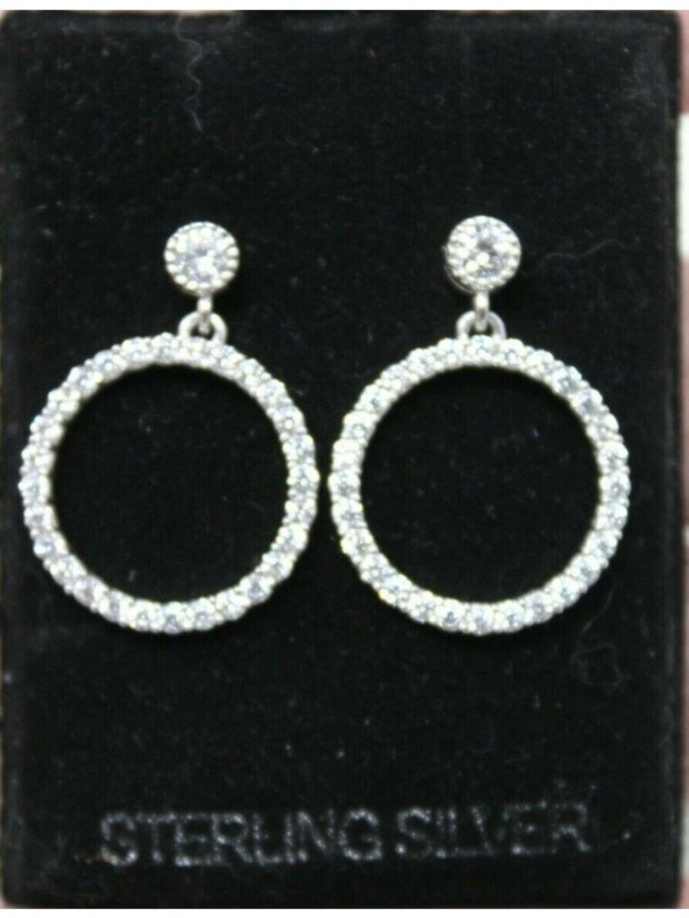 Sterling Silver & CZ Circle Dangle Earrings Rhodium Plated Marked 925 New #G10 - Picture 3 of 5